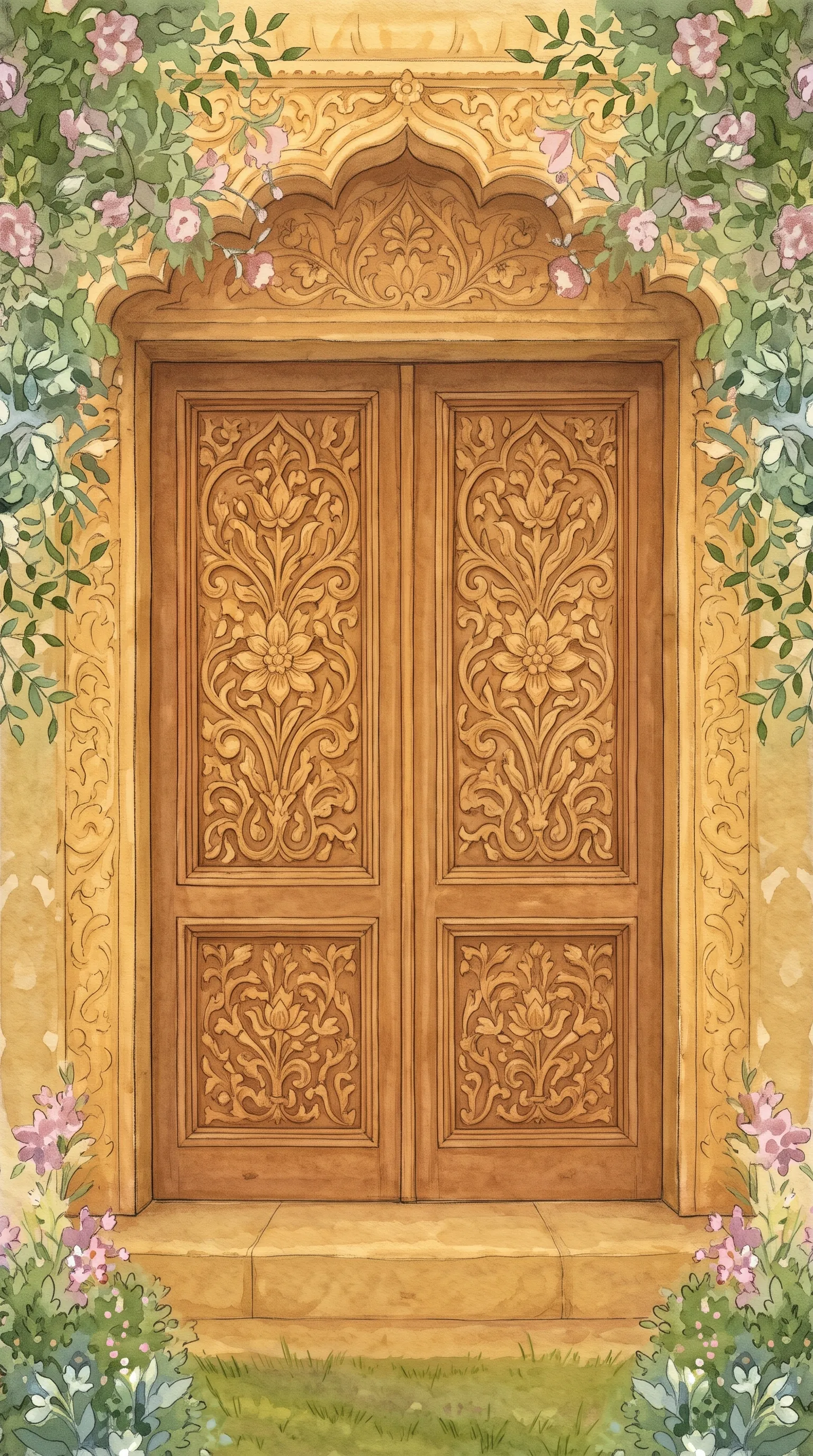 Carved golden wooden double doors framed by pink blossoms and greenery