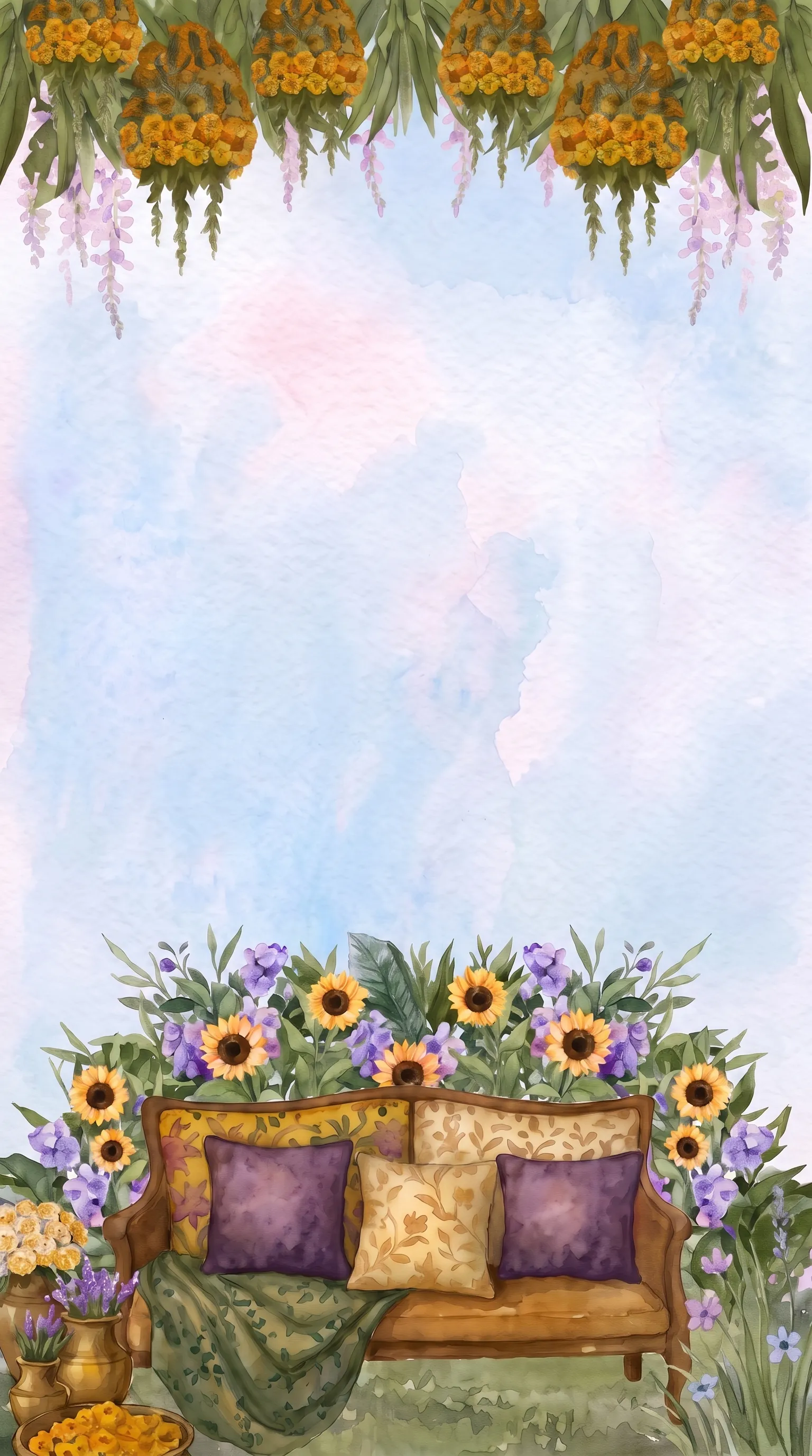 Purple wisteria and marigold garlands above a sunflower-yellow sofa