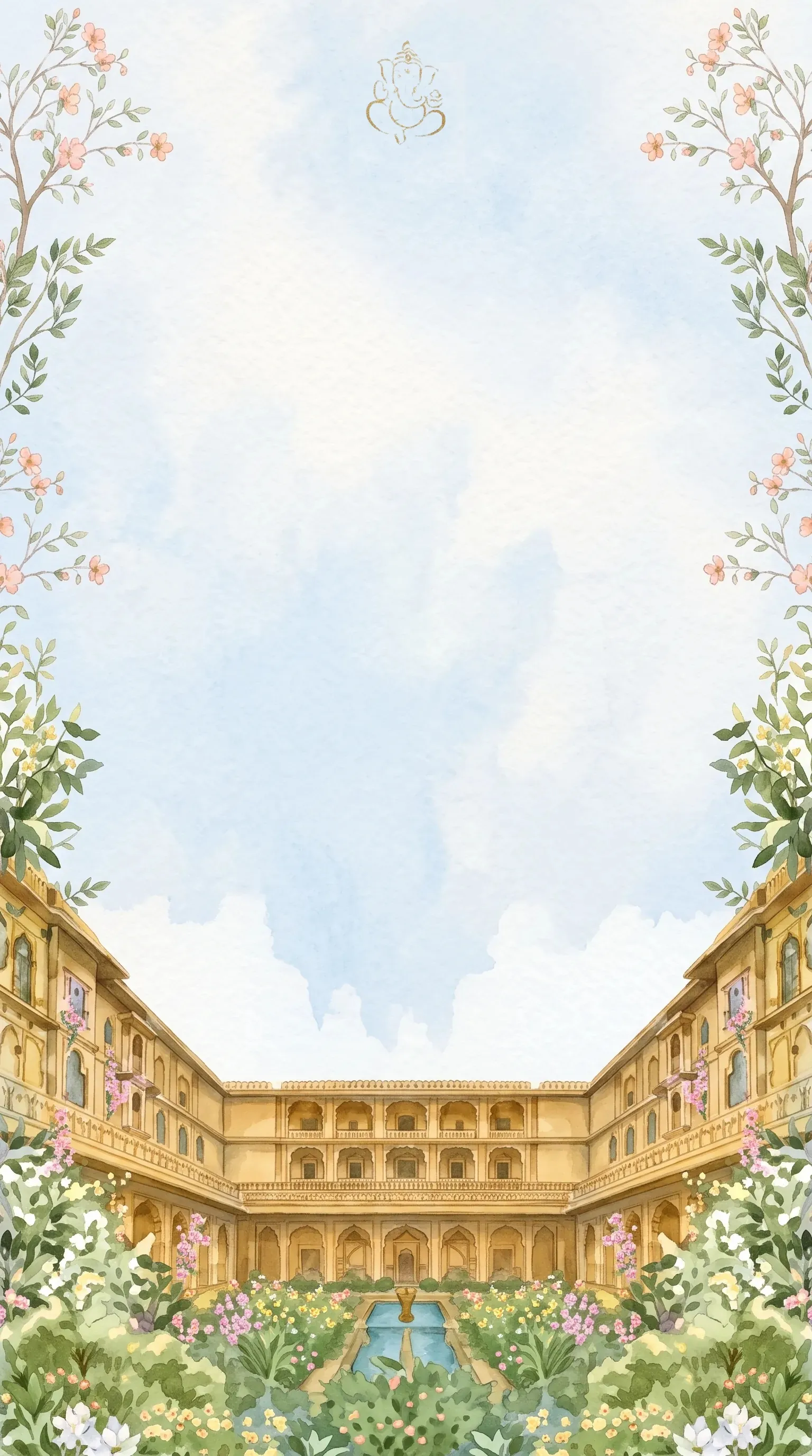 Pale courtyard invitation with the Ganesh symbol above the text