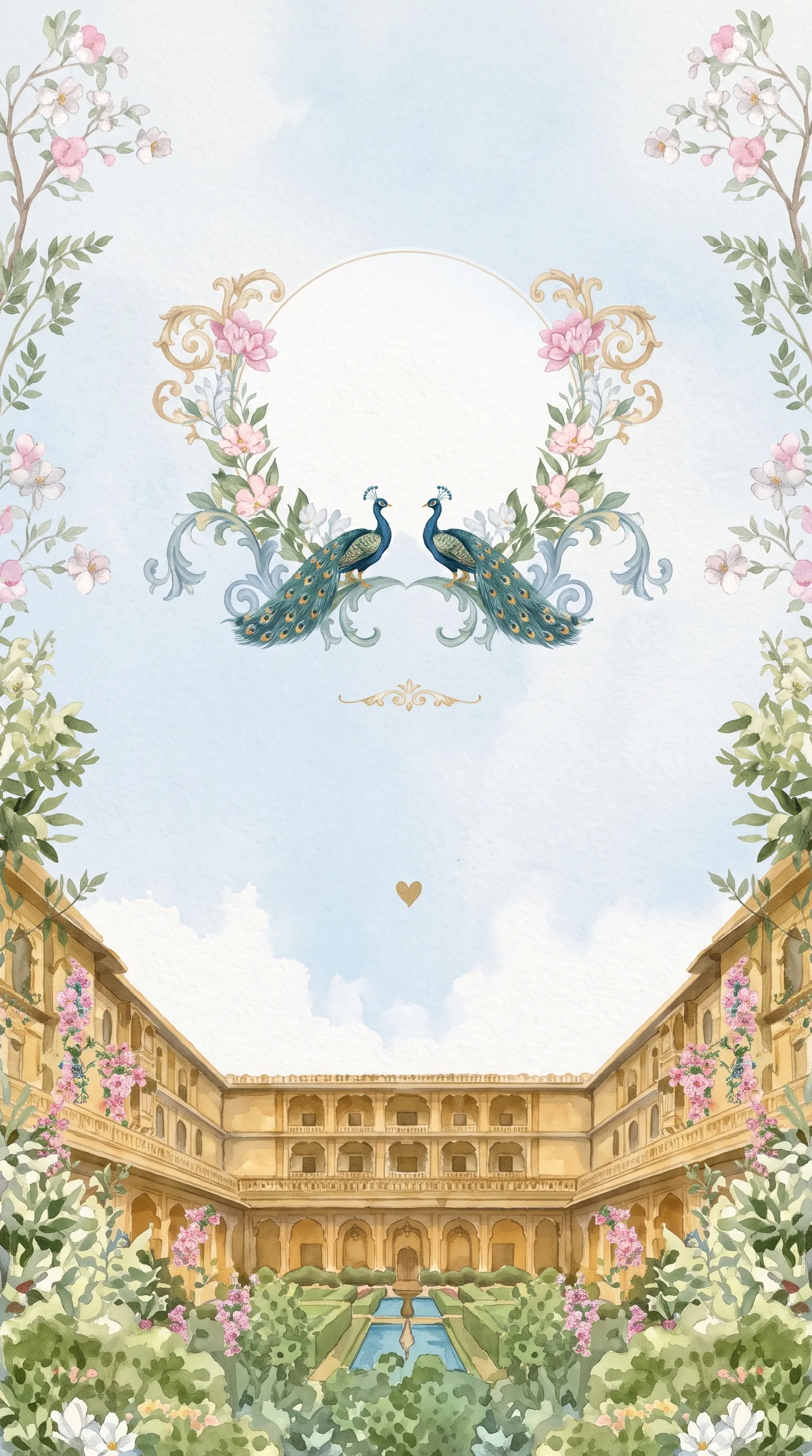 A flower-ringed monogram with two peacocks and a golden courtyard