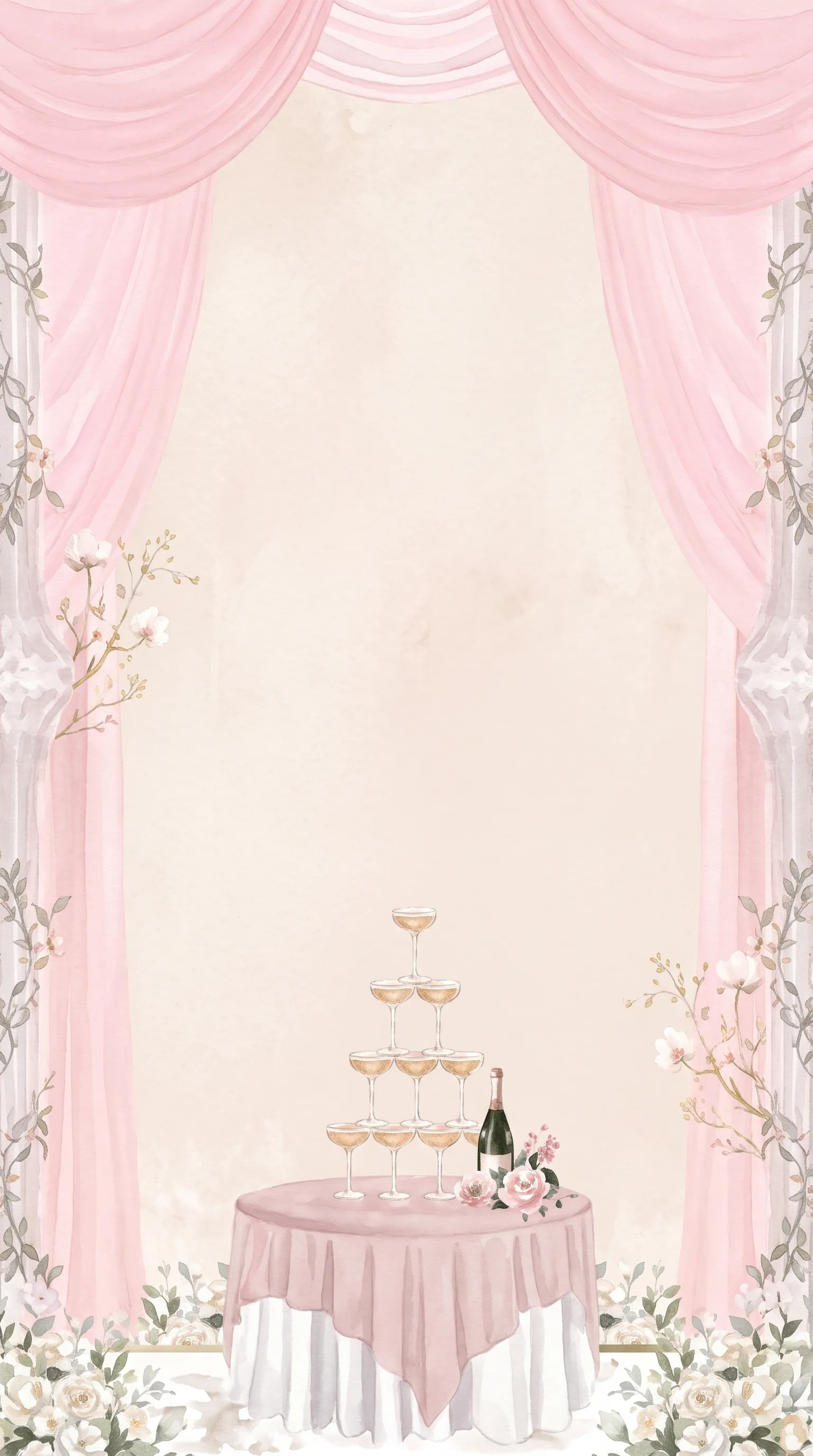 Pink curtains behind a champagne tower on a small table