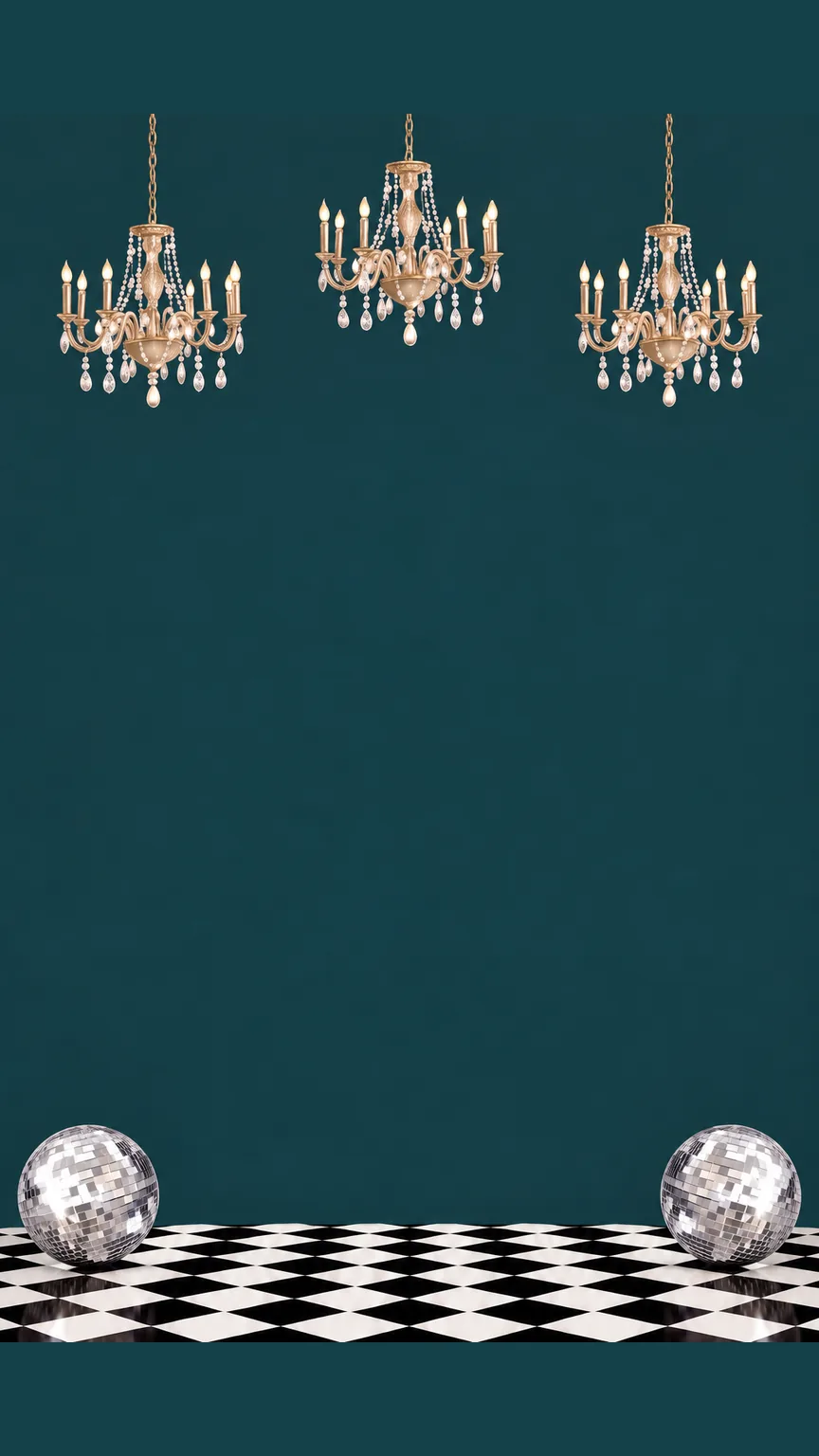 Chandeliers and disco balls above a black-and-white checkerboard floor