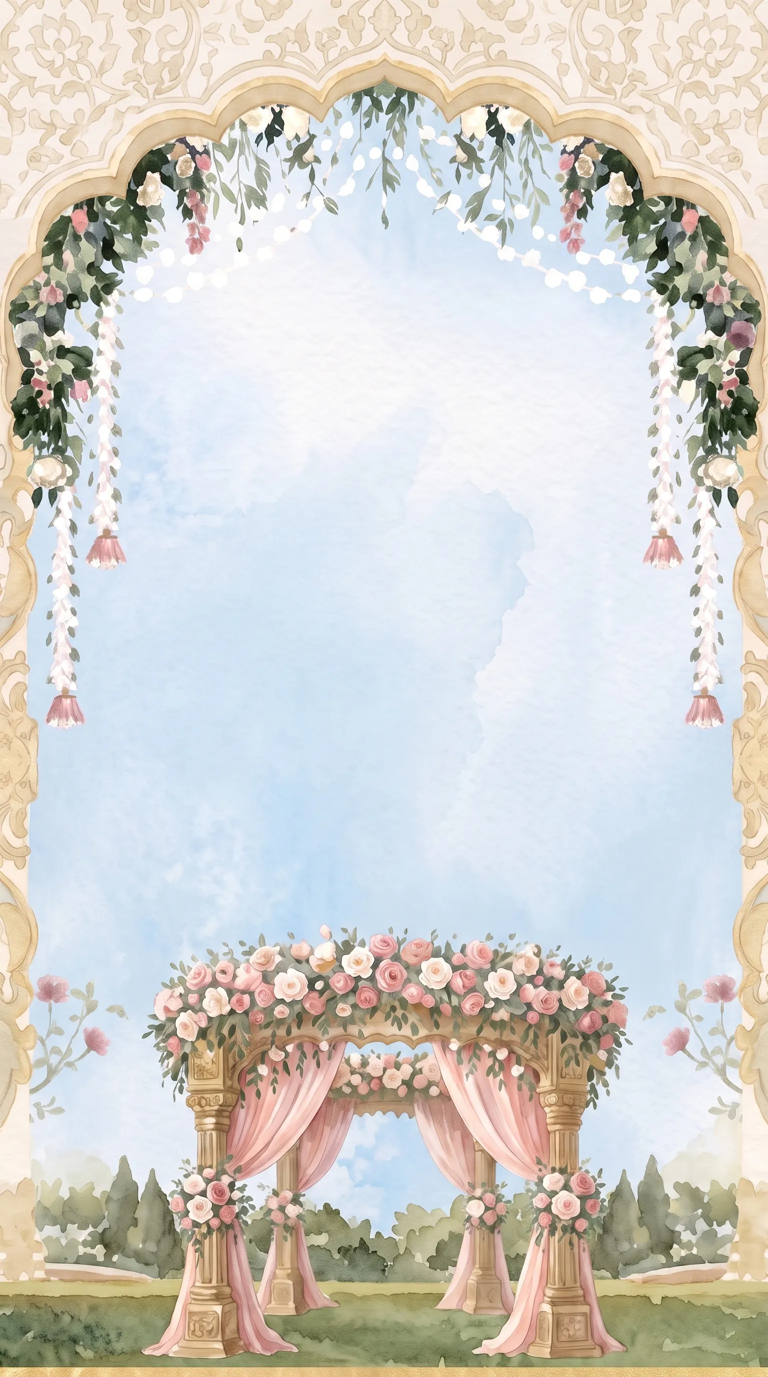 A floral arch around a pink-draped wedding mandap