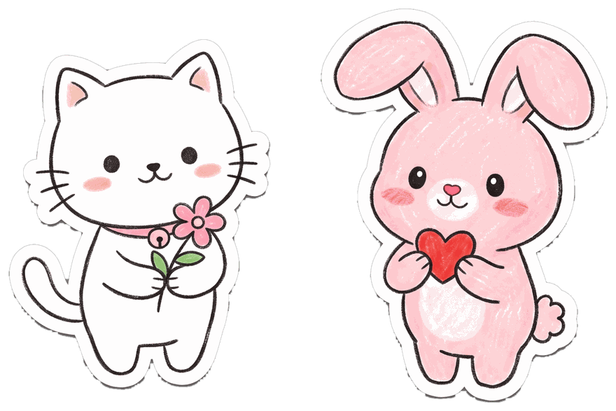 a little cat and bunny sitting together, hearts floating above them