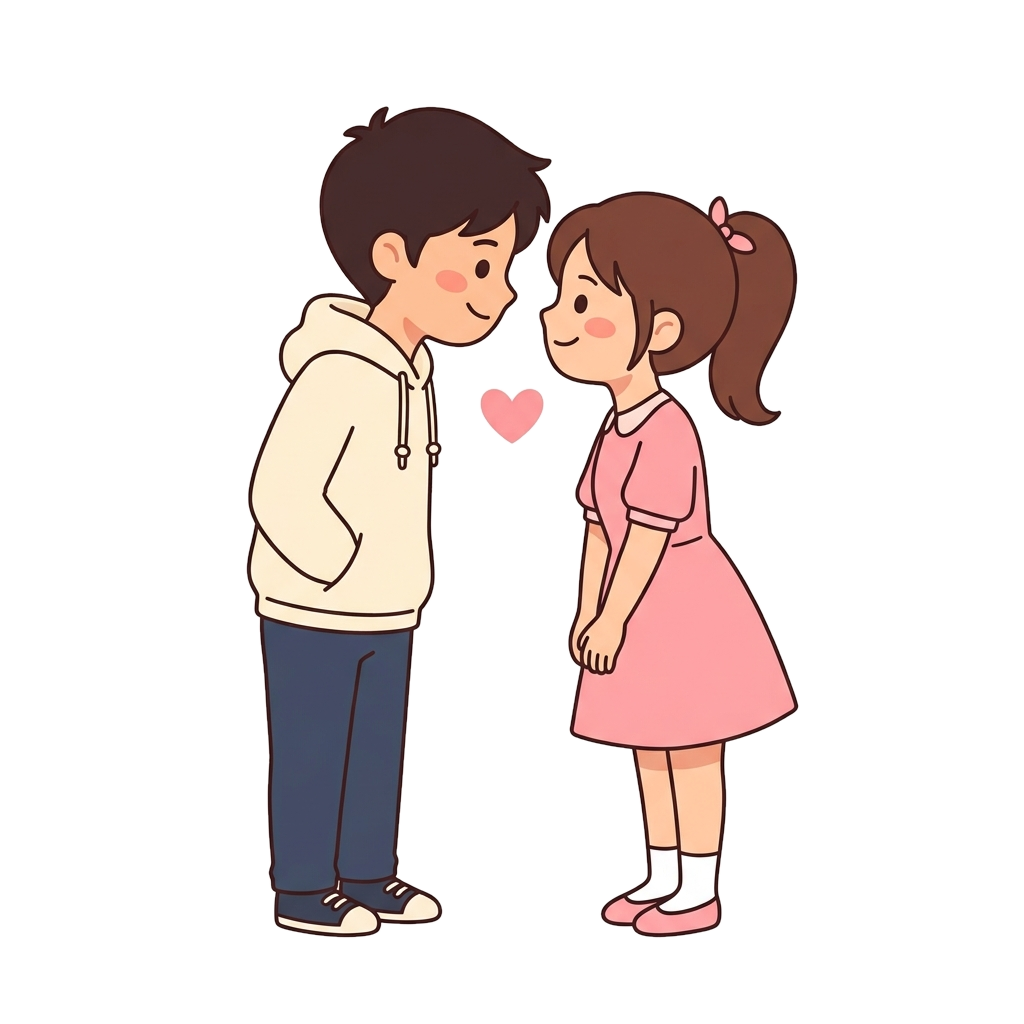 an illustrated couple under rainbow doodles
