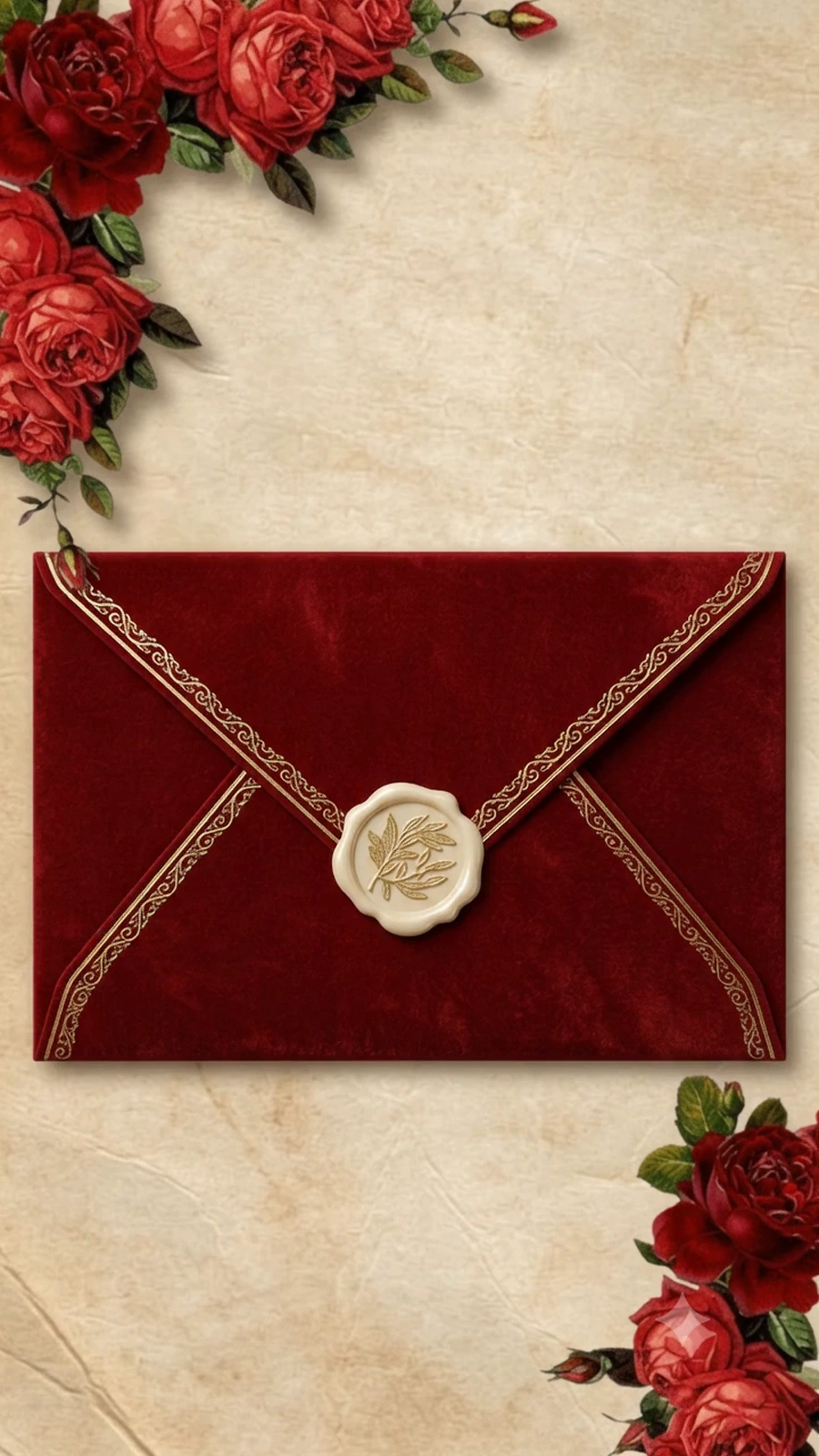 A dusty rose envelope with an ornate gold heart seal