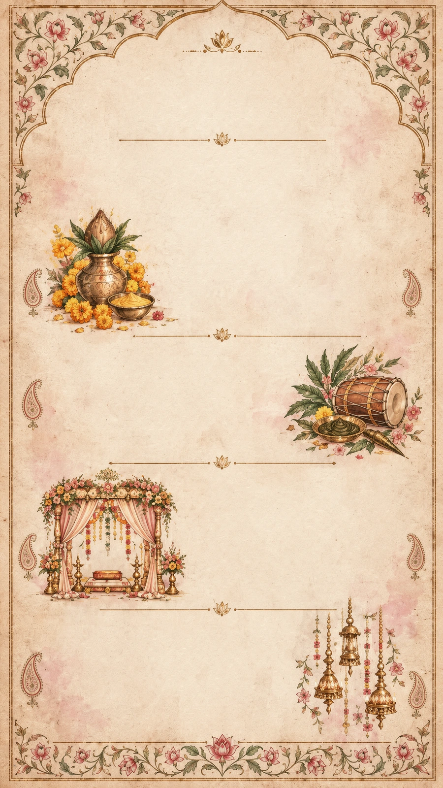 Four hand-painted wedding celebration illustrations and ornate borders