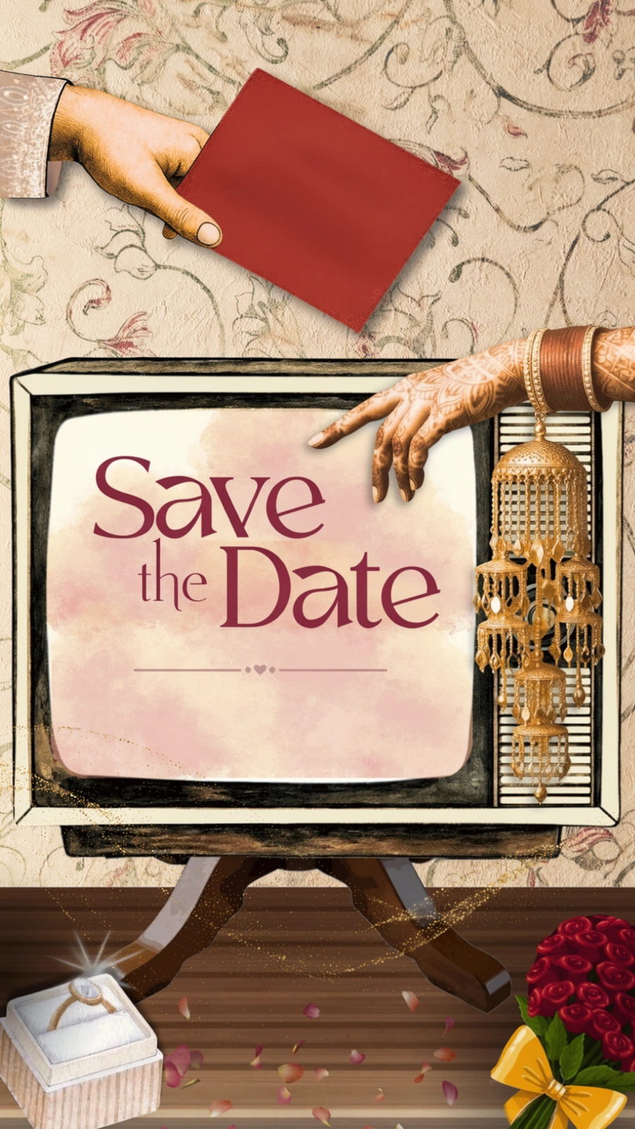 The illustrated Save the Date scene