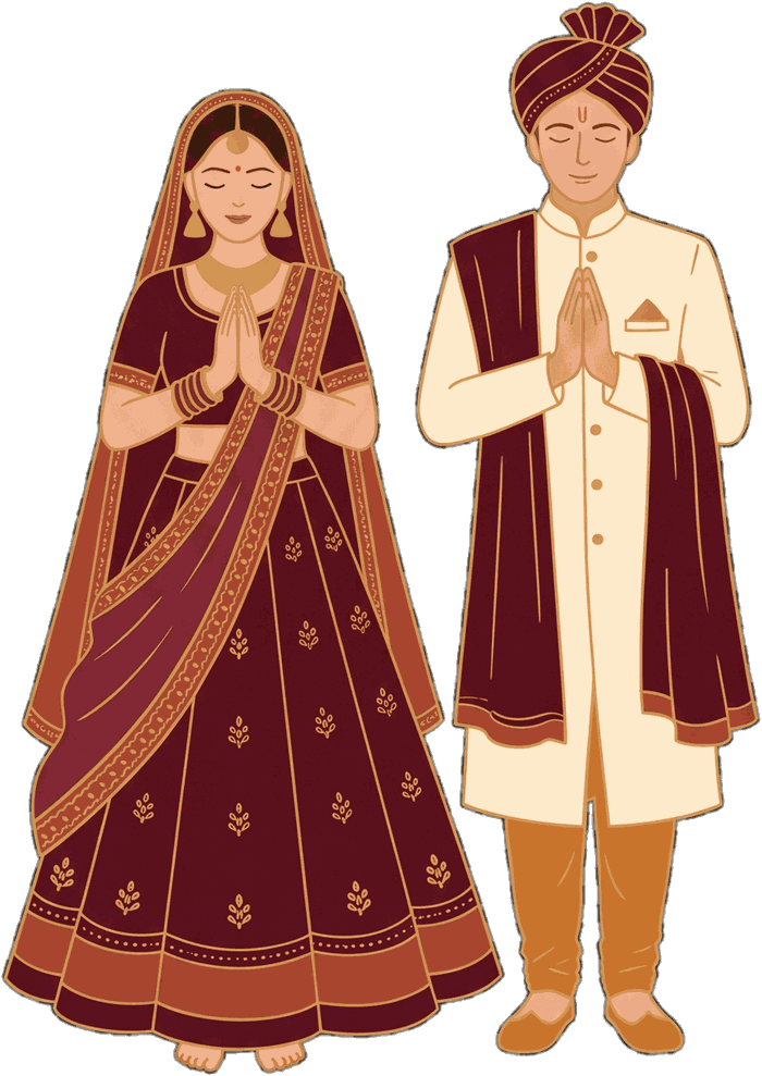 The bride and groom in namaste, illustrated