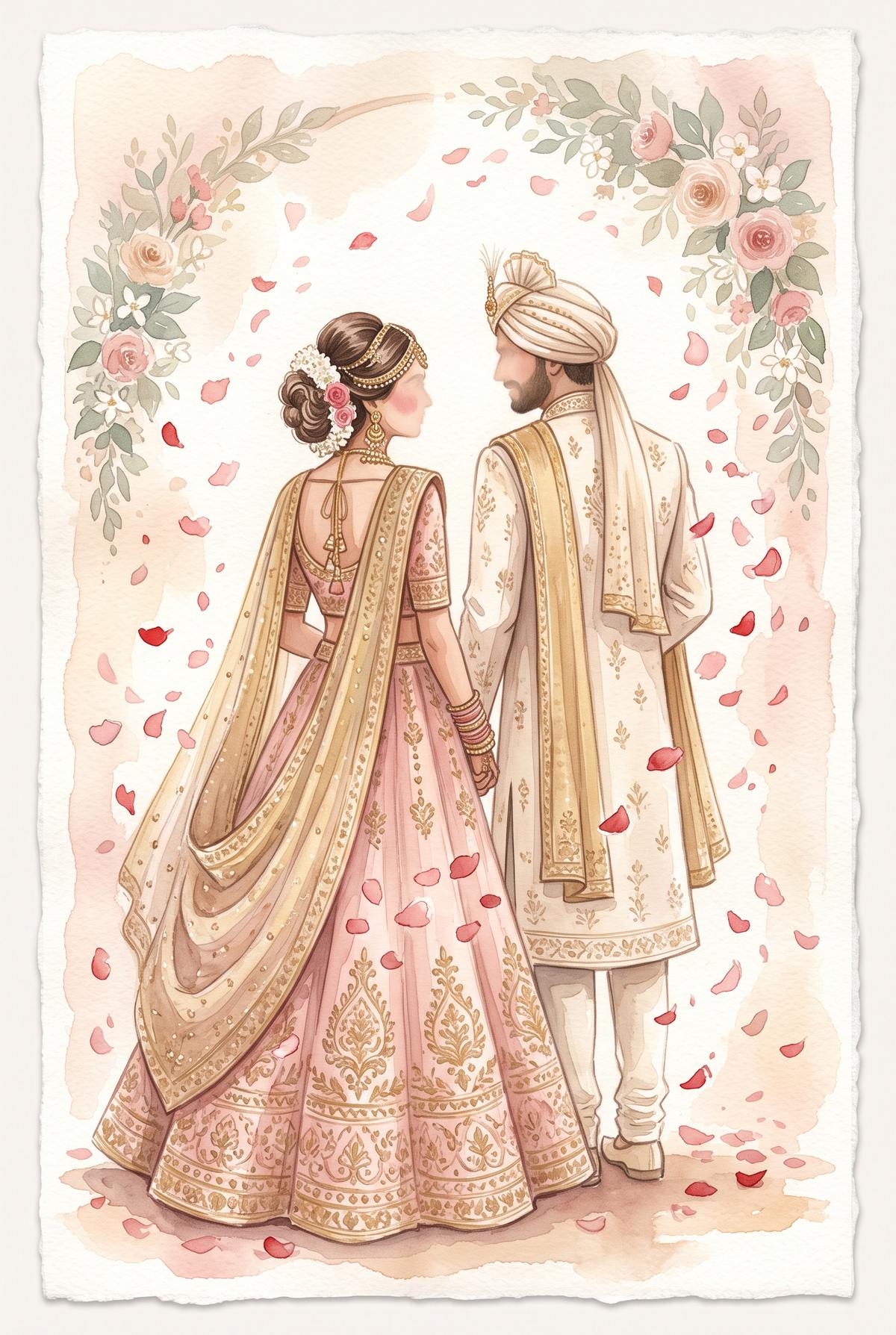 A watercolor illustration of a bride and groom in ivory and rose, holding hands