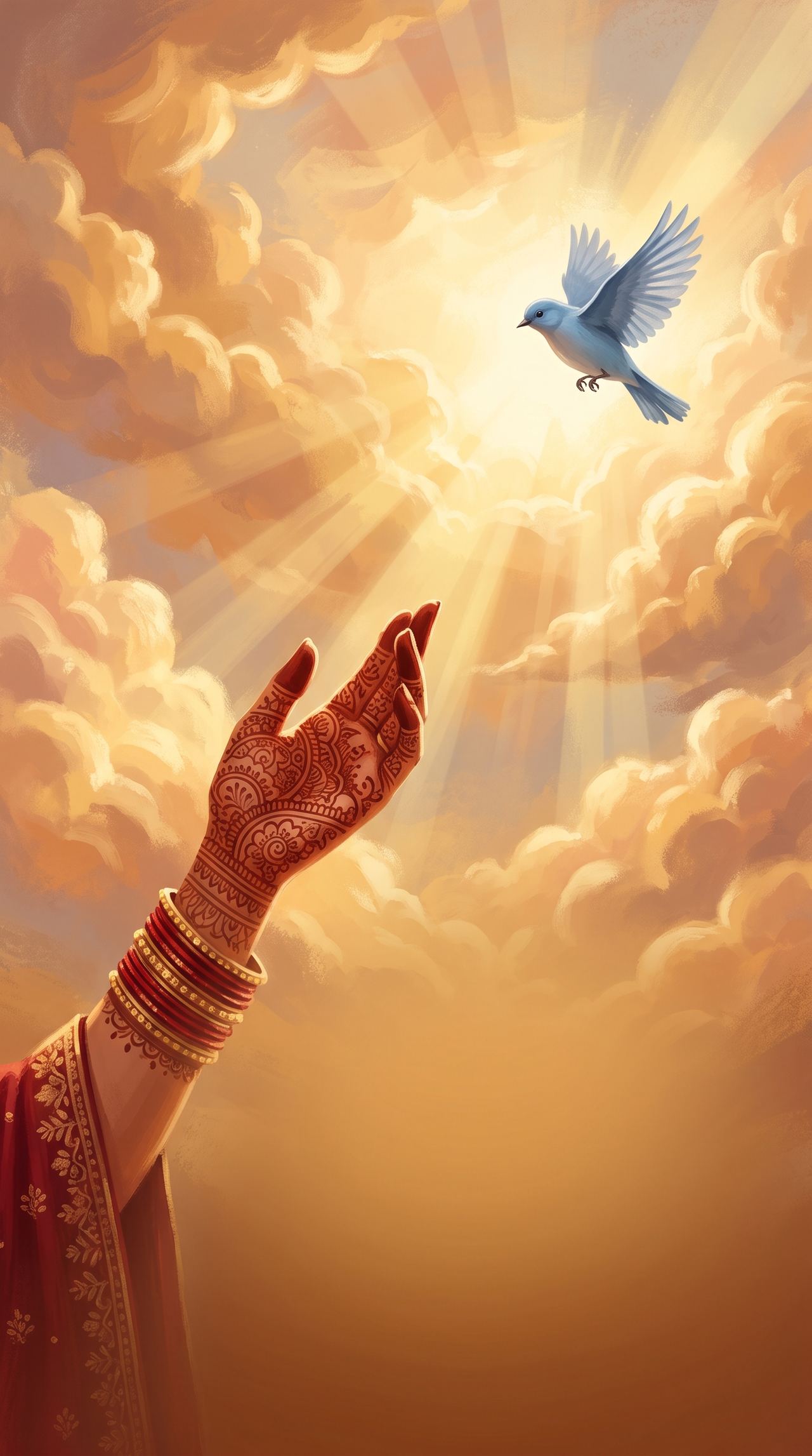 A henna hand with bangles reaching into golden clouds, a small blue bird in the light
